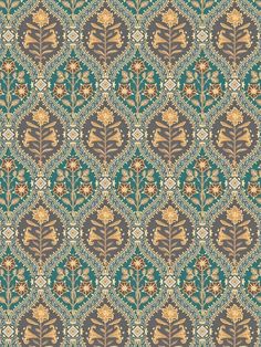 an ornate pattern with leaves and flowers on a green, blue, yellow and brown background