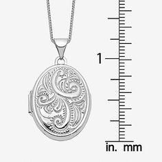 Features: Quick ShipJewelry Closure: Spring Ring ClaspLink Construction: SolidShape: OvalMetal Color: WhiteChain Length: 18 InchChain Width: .5 MillimetersPendant Length: 29mmPendant Width: 21mmChain Construction: BoxCare: Hand WashMetal: 14k White GoldNecklace Type: Locket NecklacesCountry of Origin: Imported Oval Engraved Sterling Silver Jewelry, Oval Fine Jewelry Necklace With Intricate Design, Oval Locket Necklace With Intricate Design For Anniversary, Oval Engraved Necklace For Anniversary, Oval White Gold Locket Necklace For Wedding, White Gold Oval Locket Necklace For Wedding, Engraved Oval Sterling Silver Jewelry, Oval Locket Necklace With Polished Finish For Wedding, Polished Oval Link Necklaces For Weddings