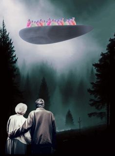 two people looking at an alien flying in the sky