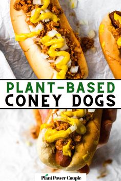 Overhead photo of a carrot dog topped with coney chili sauce with text reading: plant-based coney dogs Easy Vegetarian Chili, Hot Dog Toppings