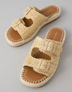 AE Raffia Slide Sandal Slip-on Espadrilles With Textured Footbed For Vacation, Vacation Espadrilles With Textured Footbed And Straw Material, Vacation Straw Espadrilles With Textured Footbed, Woven Slip-on Espadrilles For Vacation, Natural Textured Summer Espadrilles, Natural Espadrilles With Textured Footbed For Vacation, Straw Slip-on Espadrilles For Vacation, Beach Espadrilles With Textured Footbed, Beige Espadrilles With Textured Footbed For Vacation