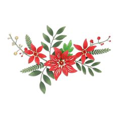 red flowers and green leaves on a white background