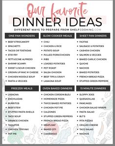 a printable dinner menu with the words, our favorite dinner ideas and other things to eat