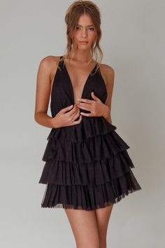 Shop the Auguste Tiered Frill Mini Dress Black | Selfie Leslie Sorority Formal Dress Short, Selfie Leslie Dresses, Black Semi Formal Dress, Black Selfie, Hoco Inspo, Frill Mini Dress, March Wedding, Selfie Leslie, Yellow Bridesmaids