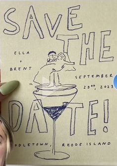 a woman standing in front of a drawing on a wall with the words save the date