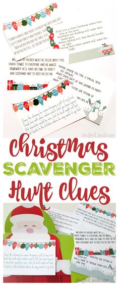 christmas scavenger time clues with santa claus and snowflakes on them, all lined up