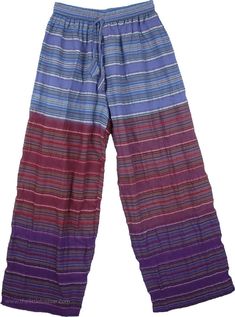 Three Color Bohemian Pajama Pants - In beautiful cascading shades of blue and purple these are colorful unisex pants made from cotton seersucker which is a naturally breathable fabric. The beautiful yarn-dyed pattern is soft and the colors are bright. You will feel comfortable and free in these light, loose, sweat pants and the elastic waist allow for a great fit on almost any figure. These pants are very chic, boho, and so liberal with their striped design and three ranges of color and they are Purple Cotton Pants For Summer, Casual Purple Pants For Festival, Multicolor Cotton Harem Pants For Beach, Purple Cotton Pants For Loungewear, Blue Cotton Harem Pants For Loungewear, Purple Cotton Bottoms For Beach, Purple Cotton Bottoms For Festivals, Purple Cotton Pants With Elastic Waistband, Purple Cotton Festival Bottoms