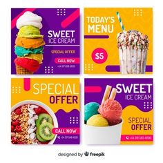 four different ice cream social banners with colorful food and desserts on the front, one for