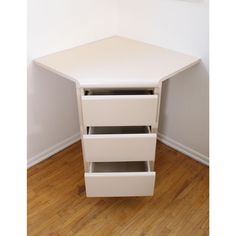 a white desk with three drawers on it