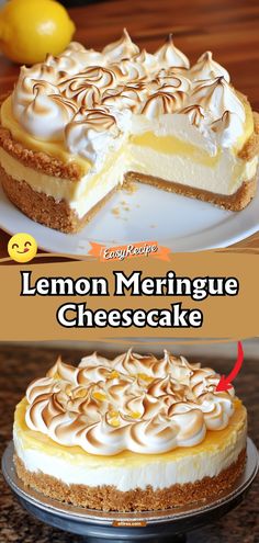 lemon meringue cheesecake on a white plate