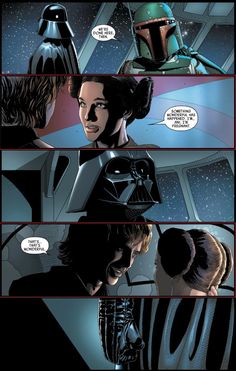 the comic panel shows darth vader and princess leisa talking to each other