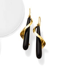 Ross-Simons - Black Onyx Spiral Drop Earrings in 14kt Yellow Gold. With rich color and a luxe golden glow, these posh earrings present artsy 14kt yellow gold spirals that twist around 35x6mm teardrops of black onyx. Hanging length is 1 7/8". Earwire, black onyx spiral drop earrings. Modern Spiral Earrings For Formal Occasions, Formal Spiral Jewelry With Matching Earrings, Modern Twist Polished Earrings For Formal Occasions, Formal Spiral-shaped Jewelry With Matching Earrings, Elegant Black Spiral Jewelry, Black And Gold Earrings, Golden Glow, Black Onyx, Black And Gold