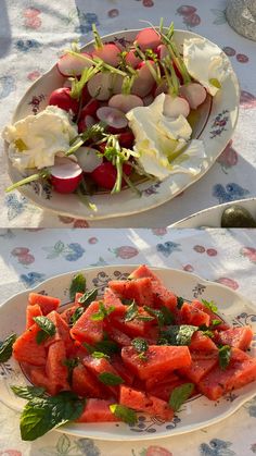 two plates filled with watermelon and radishes