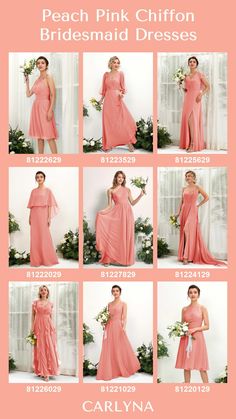 peach pink chiffon bridesmaid dresses in different styles and sizes, including one shoulder