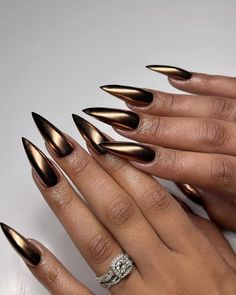 Aprés Gel-X and Structured manicures | Dark femme 🌚 @apresnailofficial sculpted long stiletto @daily_charme black gel polish @the_gelbottle_inc bronze chrome #gelx… | Instagram Dark Gold Nails, Dark Cat Eye Nails, Black Gel Polish, Black Chrome Nails, Nail Designs Bling, Copper Ombre, Gold Chrome Nails, Angelcore Aesthetic, Swirl Nails