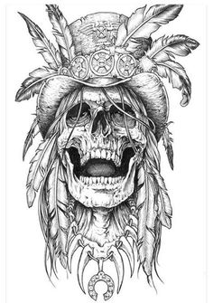 a drawing of a skull wearing a hat with feathers