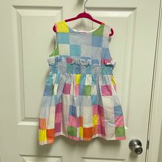 New. Size 5-6y. Blue Pink Green And Yellow Geometric Square And Rectangular Pattern Dress. Sleeveless. Zips In Back. Lined. No Trades. Multicolor Summer Dress For Playdate, Summer Multicolor Dress For Playdate, Multicolor Sleeveless Sundress For Playdate, Multicolor Sundress For Summer Play, Multicolor Summer Sundress For Play, Multicolor Sleeveless Sundress For Play, Casual Multicolor Sundress For Playdate, Multicolor Sleeveless Sundress For Playtime, Multicolor Cotton Sundress For Play