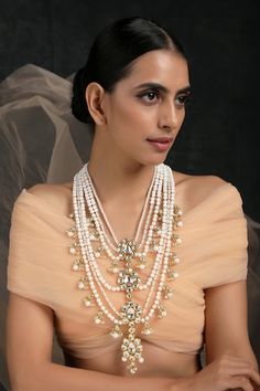 Gold plated layered necklace with pearl, kundan, bead embellishment. - Aza Fashions Luxury Chandbali Pearl Necklace For Celebrations, Temple Jewelry Style Pearl Chain Necklace For Reception, Temple Jewelry Pearl Chain Necklace For Reception, Festive Pearl Embellished Necklaces For Festivals, Festive Pearl Embellished Necklaces, Festive Pearl Embellished Party Necklaces, Festive Pearl Embellished Necklace For Reception, Festive Pearl Embellished Necklaces For Reception, Long Necklace Gold