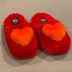 Red Plush With Orange Heart Dimensional Orange Heart Fabric Upper Size 4 Red Synthetic Slippers, Red Synthetic Closed Toe Slippers, Red Round Toe Slippers For Winter, Red Round Toe Winter Slippers, Winter Red Round Toe Slippers, Red Round Toe Slippers For Indoor Use, Red Flat Synthetic Slippers, Casual Red Slippers With Closed Toe, Red Closed Toe Casual Slippers