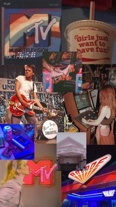 the collage shows various images of people playing instruments and singing in front of a tv