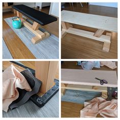 four different views of a bench being constructed