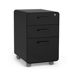 a black filing cabinet with three drawers on wheels