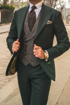 Green And Brown Tuxedo Wedding, Suits Men Groom, Men Suits Style Wedding Groom Attire, Mans Suit Wedding, Different Wedding Suits For Men, Cool Tuxedos For Men, Wedding Suit Styles For Men, 2023 Mens Suits, Deep Green Groom Suit