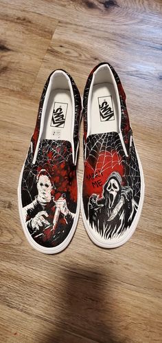 Hi there, I make custom Halloween shoes. Msg me for more details. I could do any theme and size on shoes. And i could also do any brand of shoes, it doesn't have to be vans. Time frame to make is between 2 to 5 weeks. Thanks! PLEASE CHECK BELOW SHOE SIZE BEFORE PLACING AN ORDER Infant & Toddler size: 0-6 weeks - 10c Kids size: 10.5 - 3 Adult size: B3.5/W5 & up Painted Vans Shoes, Customize Shoes, Hand Painted Vans, Shoe Painting, Creepy Kids, Painted Vans, Halloween Shoes, Sneakers Athletic, Painted Shoes