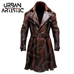 Premium Genuine Sheepskin Leather: Crafted From Genuine Sheepskin Leather, This Trench Coat Boasts Superior Quality, Durability, And A Retro Distressed Appearance. Crossover Notched Lapel Collar: The Unique Crossover Notched Lapel Collar Adds A Vintage Touch, Making A Stylish Statement. Adjustable Waist Buckle Belt Closure: Features An Adjustable Waist Buckle Belt Closure For A Customized Fit And A Touch Of Retro Style. Full Sleeves With Stylish Wrist Straps: Complete Sleeves With Stylish Wrist Leather Trench Coat Mens, Vintage Leather Trench Coat, Leather Fashion Men, Long Coat Men, Leather Coat Jacket, Leather Coats, Long Leather Coat, Leather Trench, Long Trench Coat