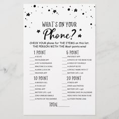 what's on your phone? game card with black and white stars in the background