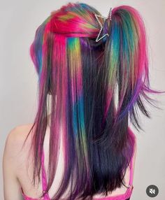 Hair Inspo Style, Colorful Hair Ideas, Scene Rainbow, Mlp Hair, Unique Hair Color Ideas, Unique Hair Color, Trippy Rainbow, Hair Dye Ideas, Cute Hair Colors