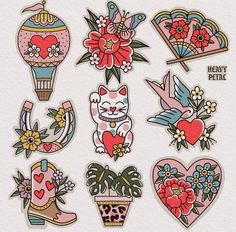 various stickers with flowers, hearts and cats in them on a white paper background