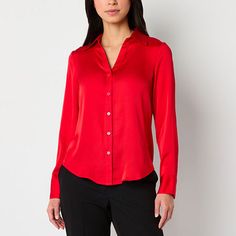 This satin women's blouse by Worthington is a tailored, on-trend essential to wear to the office with chinos or jeans and boots. It has a spread collar, v-neckline, long sleeves, button cuffs, a curved hem for easy layering, and a button-down placket.2nd Piece Sleeve Length: Long SleevesClosure Type: ButtonFit: Regular FitNeckline: Collar NeckSleeve Length: Long SleeveSleeve Style: Cuffed SleeveApparel Length: 27 InchesFiber Content: 100% PolyesterFabric Description: SatinCollar: Point CollarCar Sleek Tops With Buttons, Solid Button-up Tops For Workwear, Slim Fit Button-up Blouse, Sleek Button-up Shirt For Workwear, Sleek Button-up Shirt For Work, Solid Tops With Placket For Workwear, Sleek Office Tops With Button Closure, Sleek Blouse With Button Closure, Classic Solid Tops With Button Closure