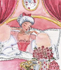 a drawing of a woman laying in bed with a cat and flowers on the table