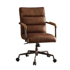 a brown leather office chair with wheels