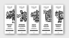 three bookmarks with black and white illustrations on them