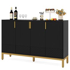 Modern Buffet Cabinet with Storage, 59 Inch Kitchen Sideboard Cabinet with 4 Doors, Coffee Bar Cabinet Storage Cabinet for Dining Room, Living Room Cabinet For Dining Room, Modern Buffet Cabinet, Accent Storage Cabinet, Modern Buffet, Black Sideboard, Cabinet Storage