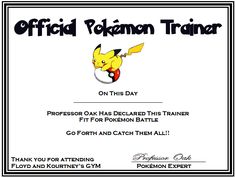 a certificate for a pokemon trainer