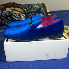 Blue Suede Dressing Shoes Barely Used Once Brand New Condition Blue Pointed Toe Formal Loafers, Blue Pointed Toe Loafers For Formal Occasions, Blue Slip-on Summer Loafers, Blue Slip-on Loafers For Summer, Blue Low-top Dress Shoes For Formal Occasions, Blue Slip-on Loafers, Blue Pointed Toe Slip-on Loafers, Fitted Blue Slip-on Loafers, Blue Casual Low-top Dress Shoes