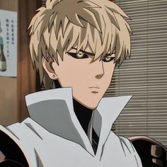 an anime character with blonde hair wearing a white shirt and black pants, staring at the camera