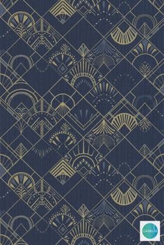 a blue and gold wallpaper with an abstract design