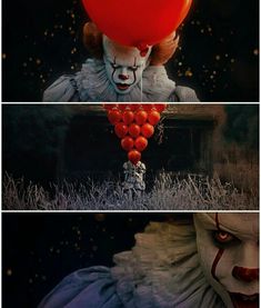 the clown is holding a bunch of red balloons in his hand and looking at it