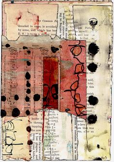 mixed media collage with black and red ink on old book pages by artist susan grisby