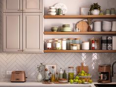 a kitchen with white cabinets and shelves filled with various types of items on the counter