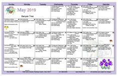 the calendar for may 2019 is shown with flowers and words in purple, white, and yellow