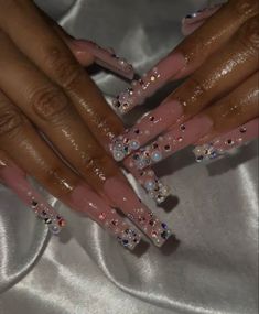 Long Nails With Pearls, Pearl Junk Nails, Acrylic Nails With Pearl Stones, Nails With Pearls, Pink Ombre Nails, Ombre Acrylic Nails, French Acrylic Nails