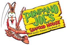 a sign that says pompano joe's seafood house with a cartoon lobster