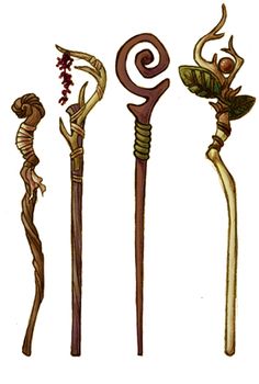 four different types of stick with leaves and flowers on them, all in various shapes and sizes