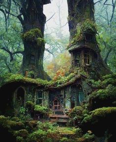 an old house in the woods with moss growing all over it