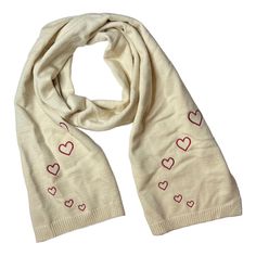 Jenni Cream Rectangular Scarf With Embroidered Hearts New Solid Cream Knit Scarf Red Embroidered Hearts New With Tags 70" X 10" Embroidered Hearts, Color Block Scarf, Embroidered Heart, Black Star, Knit Scarf, Alexander Mcqueen Scarf, New Black, Scarf Wrap, New Color